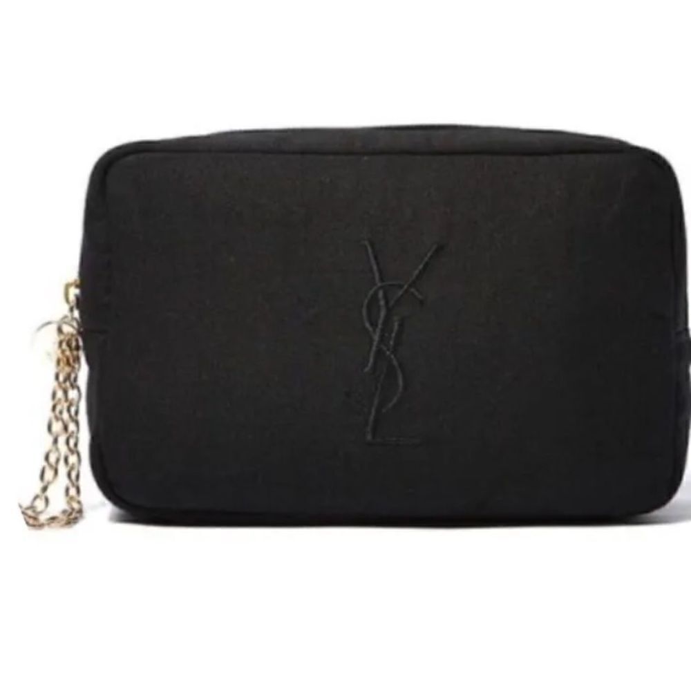 Yves Saint Laurent YSL Parfums Black Canvas Logo Wristlet/Pouch Gold Chain New - Picture 2 of 7